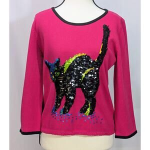 Michael Simon Event Pink Sequin Cat Sweater Size S